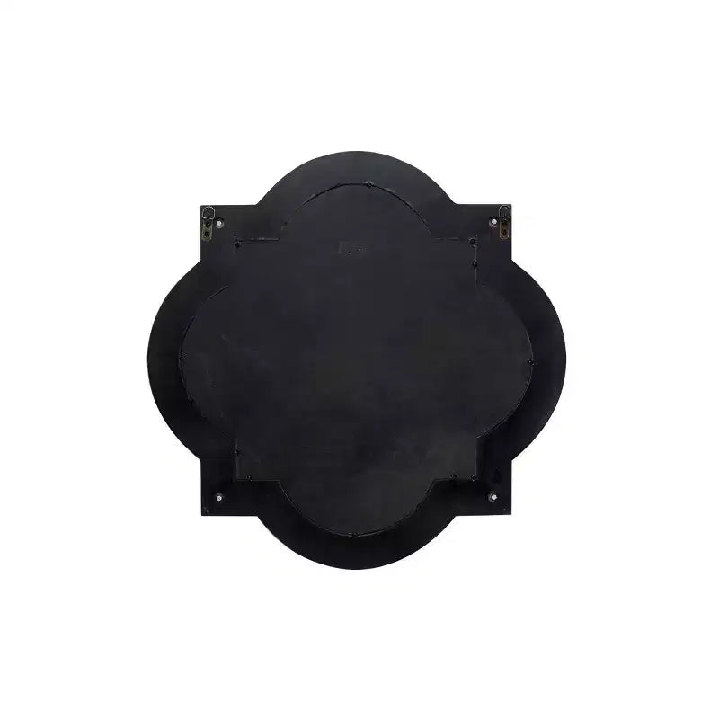White wooden four-leaf clover wall mirror with Baroque wrought iron inlay; no assembly required.