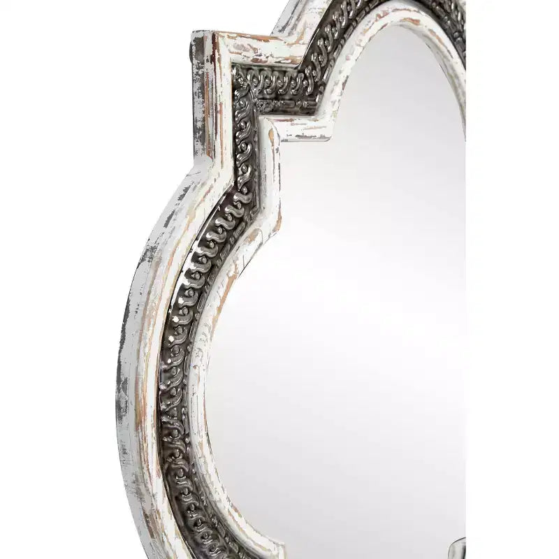White wooden four-leaf clover wall mirror with Baroque wrought iron inlay; no assembly required.