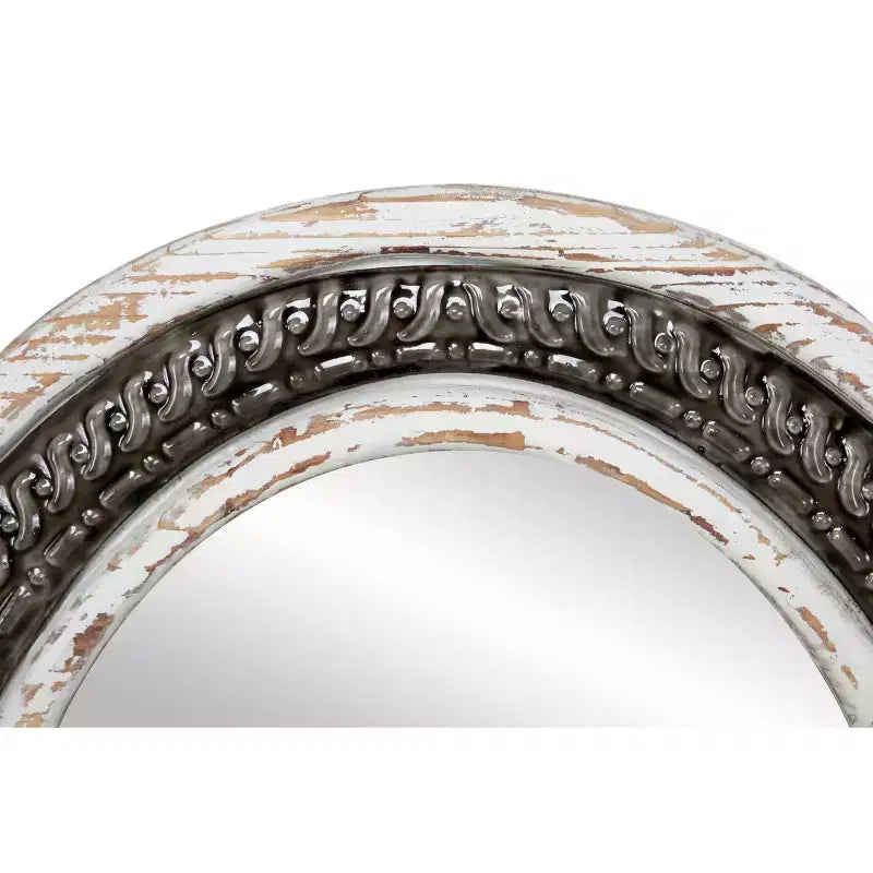 White wooden four-leaf clover wall mirror with Baroque wrought iron inlay; no assembly required.