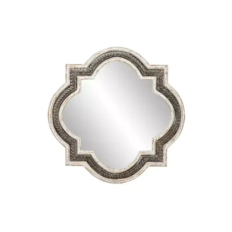 White wooden four-leaf clover wall mirror with Baroque wrought iron inlay; no assembly required.