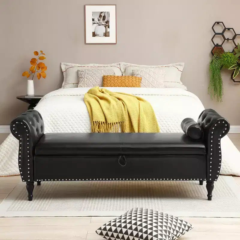 Velvet Storage Bench with Buttons Tufted and Nailhead Decoration, Storage Ottoman with Wood Legs and 1 Pillow, End Of Bed Storage Bench