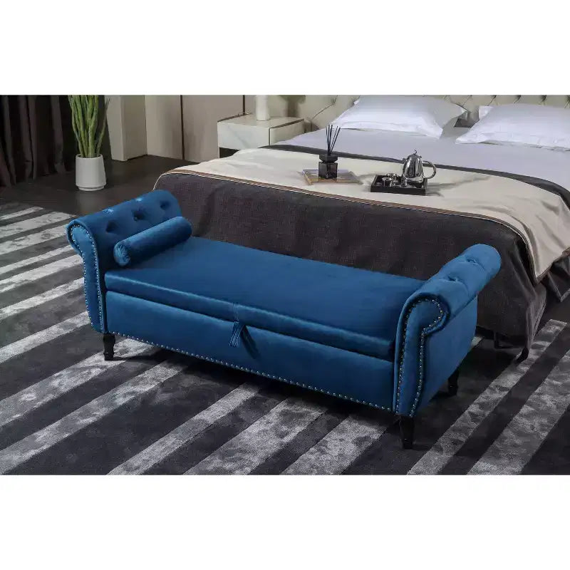 Velvet Storage Bench with Buttons Tufted and Nailhead Decoration, Storage Ottoman with Wood Legs and 1 Pillow, End Of Bed Storage Bench