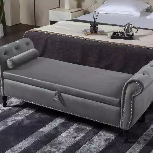TUYOHW Velvet Storage Bench with Buttons Tufted and Nailhead Decoration, Storage Ottoman with Wood Legs and 1 Pillow, End Of Bed Storage Bench
