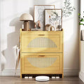2 Flip Drawers Wood Shoe Storage Cabinet, Shoe Cabinet Freestanding with Rattan Doors & Adjustable Shelves for Entryway, Closet, Hallway