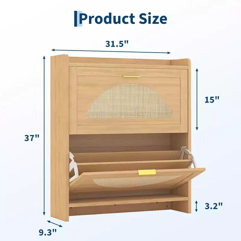 2 Flip Drawers Wood Shoe Storage Cabinet, Shoe Cabinet Freestanding with Rattan Doors & Adjustable Shelves for Entryway, Closet, Hallway