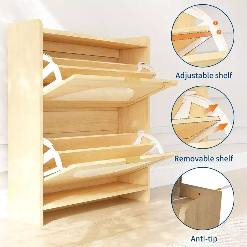 2 Flip Drawers Wood Shoe Storage Cabinet, Shoe Cabinet Freestanding with Rattan Doors & Adjustable Shelves for Entryway, Closet, Hallway