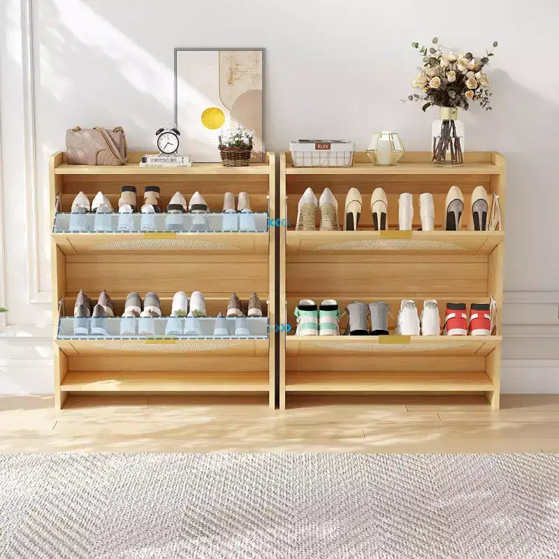 2 Flip Drawers Wood Shoe Storage Cabinet, Shoe Cabinet Freestanding with Rattan Doors & Adjustable Shelves for Entryway, Closet, Hallway