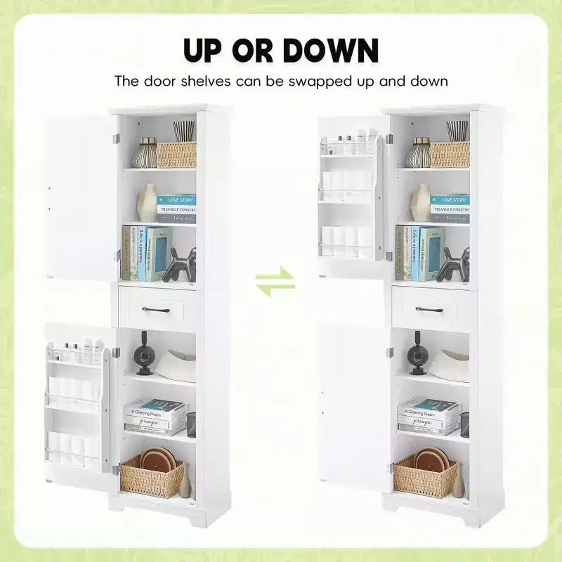 Bathroom Tall Storage Cabinet, Floor Freestanding Storage Cabinet with 2 Doors, One Drawer and Adjustable Shelf