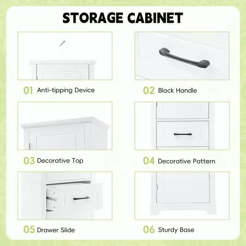 Bathroom Tall Storage Cabinet, Floor Freestanding Storage Cabinet with 2 Doors, One Drawer and Adjustable Shelf