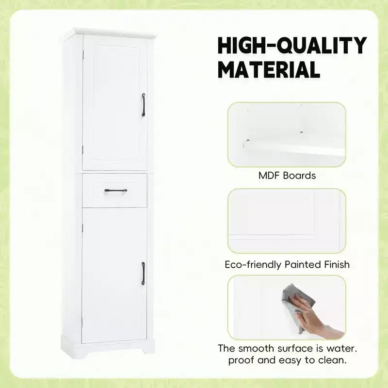 Bathroom Tall Storage Cabinet, Floor Freestanding Storage Cabinet with 2 Doors, One Drawer and Adjustable Shelf