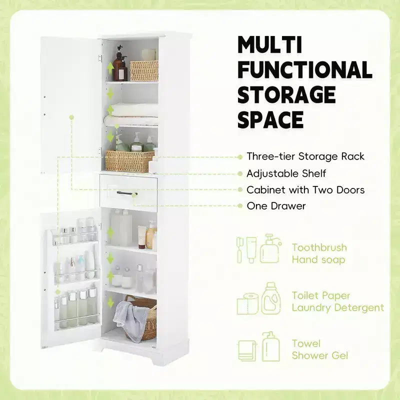 Bathroom Tall Storage Cabinet, Floor Freestanding Storage Cabinet with 2 Doors, One Drawer and Adjustable Shelf