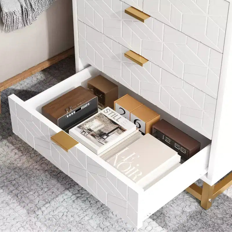 White Dresser with 5 Drawers, Tall Chest of Drawers, 5 Drawer Dresser with Deep Space, Wood Storage Cabinet for Living Room, Hallway, Office