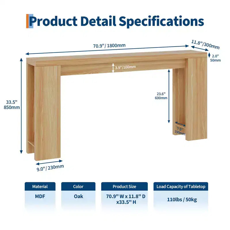 70.9 Entryway Console Table, Wooden Narrow Long Sofa Table, Rectangular Behind Couch Table for Living Room Hallway Entrance