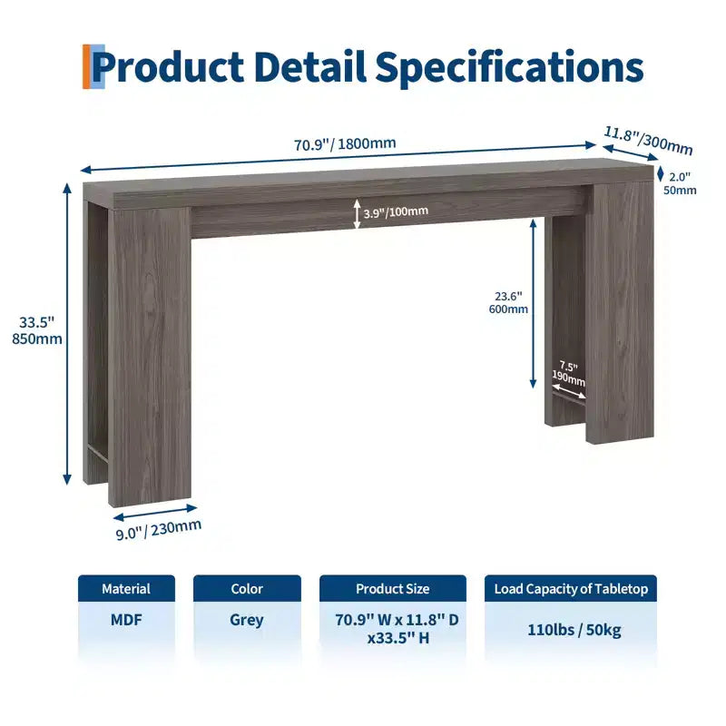 70.9 Entryway Console Table, Wooden Narrow Long Sofa Table, Rectangular Behind Couch Table for Living Room Hallway Entrance