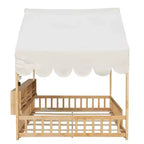 Full Size Wooden Floor Bed Frame, House-Shaped Daybed with Fense, 3 Storage Bookshelves, Curtain