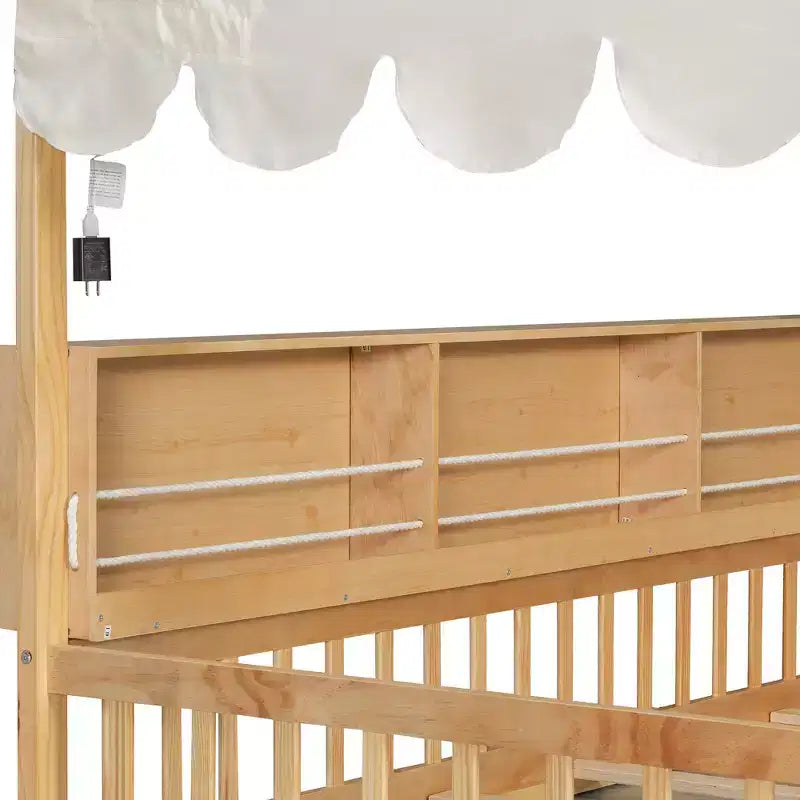Full Size Wooden Floor Bed Frame, House-Shaped Daybed with Fense, 3 Storage Bookshelves, Curtain