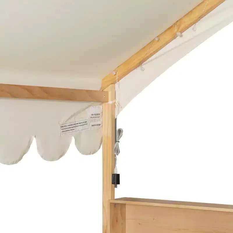 Full Size Wooden Floor Bed Frame, House-Shaped Daybed with Fense, 3 Storage Bookshelves, Curtain