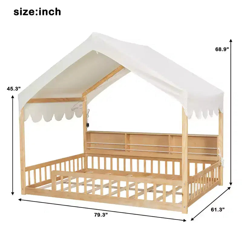 Full Size Wooden Floor Bed Frame, House-Shaped Daybed with Fense, 3 Storage Bookshelves, Curtain