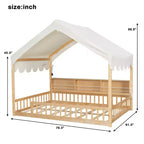 Full Size Wooden Floor Bed Frame, House-Shaped Daybed with Fense, 3 Storage Bookshelves, Curtain