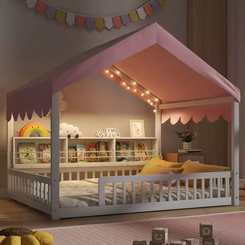 Full Size Wooden Floor Bed Frame, House-Shaped Daybed with Fense, 3 Storage Bookshelves, Curtain