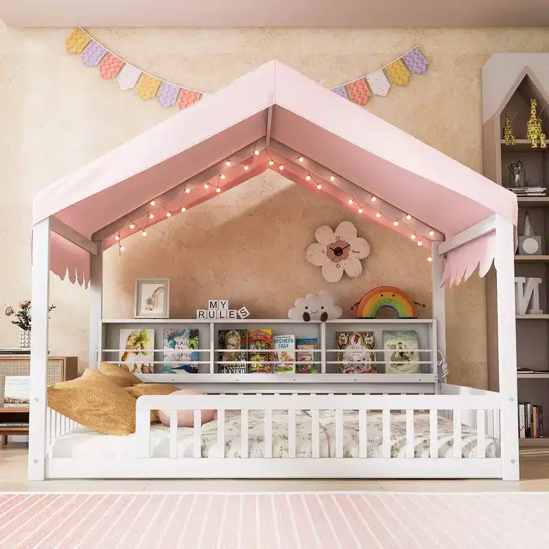 Full Size Wooden Floor Bed Frame, House-Shaped Daybed with Fense, 3 Storage Bookshelves, Curtain