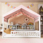 Full Size Wooden Floor Bed Frame, House-Shaped Daybed with Fense, 3 Storage Bookshelves, Curtain