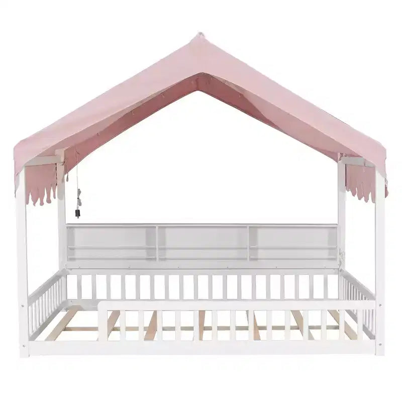 Full Size Wooden Floor Bed Frame, House-Shaped Daybed with Fense, 3 Storage Bookshelves, Curtain