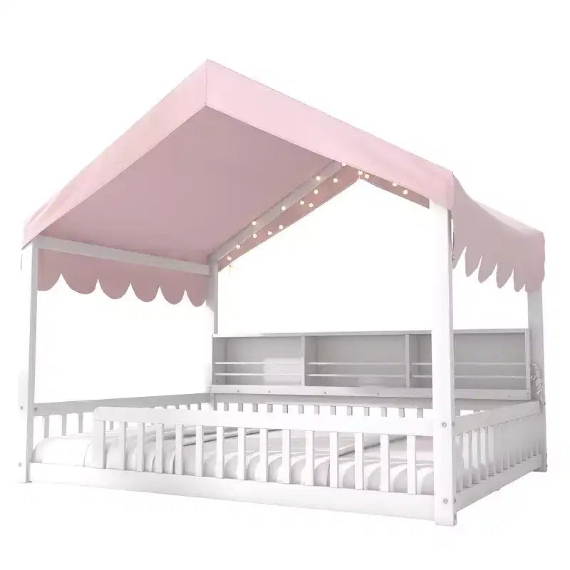 Full Size Wooden Floor Bed Frame, House-Shaped Daybed with Fense, 3 Storage Bookshelves, Curtain
