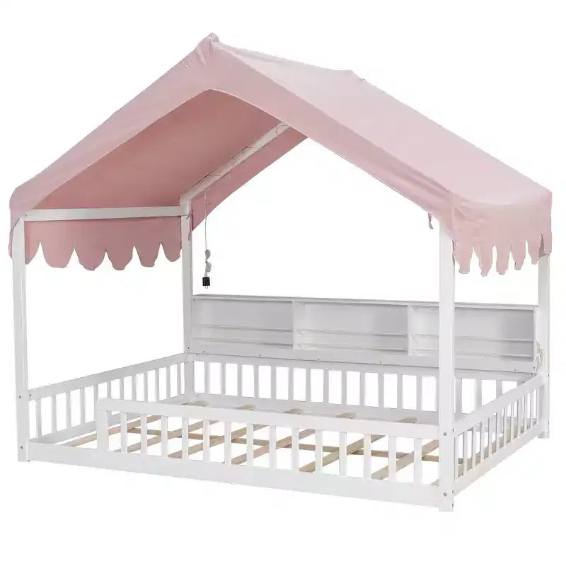 Full Size Wooden Floor Bed Frame, House-Shaped Daybed with Fense, 3 Storage Bookshelves, Curtain