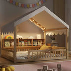Full Size Wooden Floor Bed Frame, House-Shaped Daybed with Fense, 3 Storage Bookshelves, Curtain