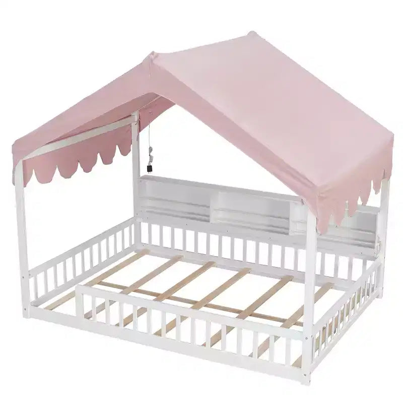 Full Size Wooden Floor Bed Frame, House-Shaped Daybed with Fense, 3 Storage Bookshelves, Curtain