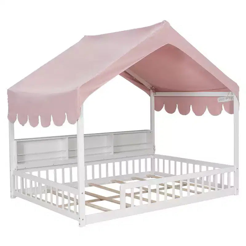 Full Size Wooden Floor Bed Frame, House-Shaped Daybed with Fense, 3 Storage Bookshelves, Curtain