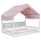Full Size Wooden Floor Bed Frame, House-Shaped Daybed with Fense, 3 Storage Bookshelves, Curtain