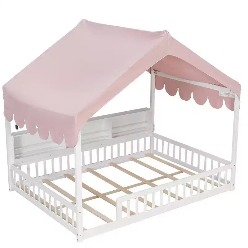 Full Size Wooden Floor Bed Frame, House-Shaped Daybed with Fense, 3 Storage Bookshelves, Curtain