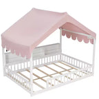 Full Size Wooden Floor Bed Frame, House-Shaped Daybed with Fense, 3 Storage Bookshelves, Curtain