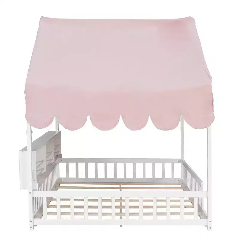 Full Size Wooden Floor Bed Frame, House-Shaped Daybed with Fense, 3 Storage Bookshelves, Curtain