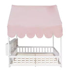 Full Size Wooden Floor Bed Frame, House-Shaped Daybed with Fense, 3 Storage Bookshelves, Curtain