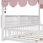 Full Size Wooden Floor Bed Frame, House-Shaped Daybed with Fense, 3 Storage Bookshelves, Curtain