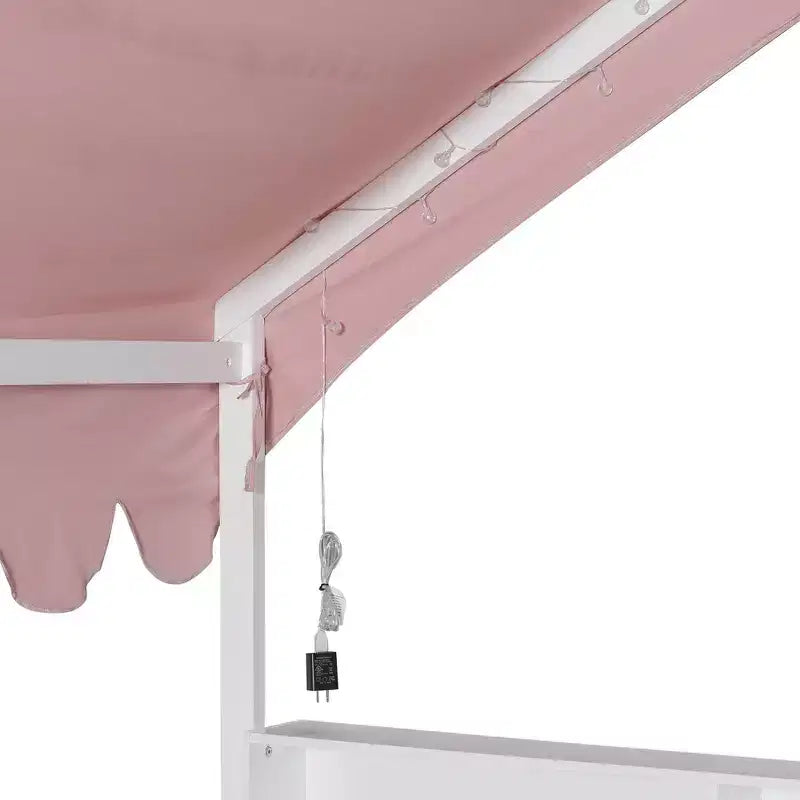 Full Size Wooden Floor Bed Frame, House-Shaped Daybed with Fense, 3 Storage Bookshelves, Curtain