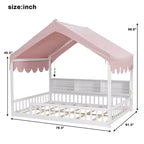 Full Size Wooden Floor Bed Frame, House-Shaped Daybed with Fense, 3 Storage Bookshelves, Curtain