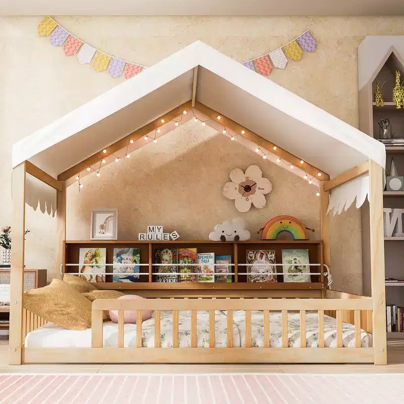 Full Size Wooden Floor Bed Frame, House-Shaped Daybed with Fense, 3 Storage Bookshelves, Curtain