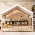 Full Size Wooden Floor Bed Frame, House-Shaped Daybed with Fense, 3 Storage Bookshelves, Curtain