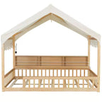 Full Size Wooden Floor Bed Frame, House-Shaped Daybed with Fense, 3 Storage Bookshelves, Curtain
