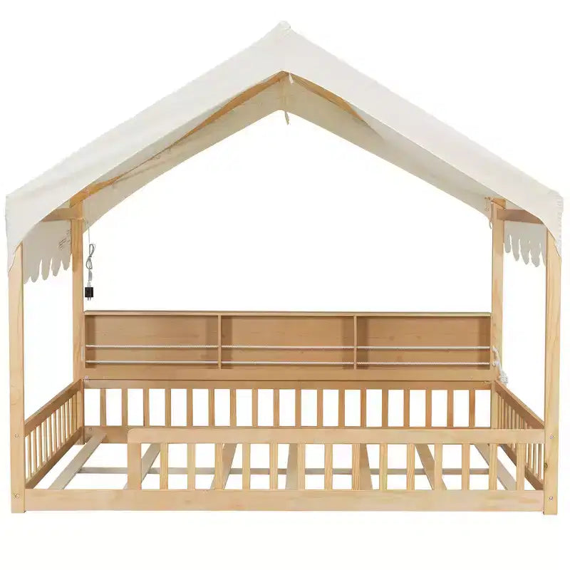 Full Size Wooden Floor Bed Frame, House-Shaped Daybed with Fense, 3 Storage Bookshelves, Curtain