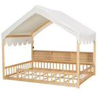 Full Size Wooden Floor Bed Frame, House-Shaped Daybed with Fense, 3 Storage Bookshelves, Curtain