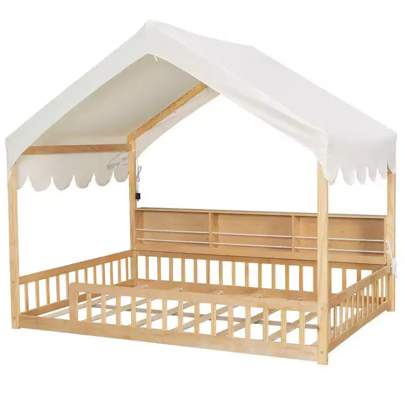 Full Size Wooden Floor Bed Frame, House-Shaped Daybed with Fense, 3 Storage Bookshelves, Curtain