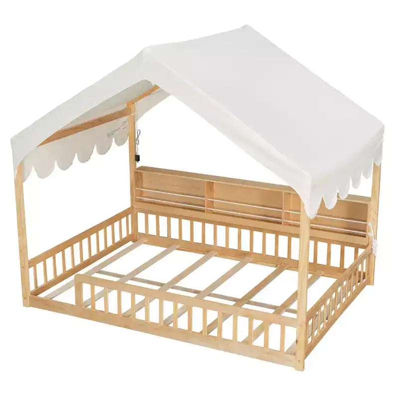 Full Size Wooden Floor Bed Frame, House-Shaped Daybed with Fense, 3 Storage Bookshelves, Curtain