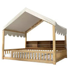 Full Size Wooden Floor Bed Frame, House-Shaped Daybed with Fense, 3 Storage Bookshelves, Curtain