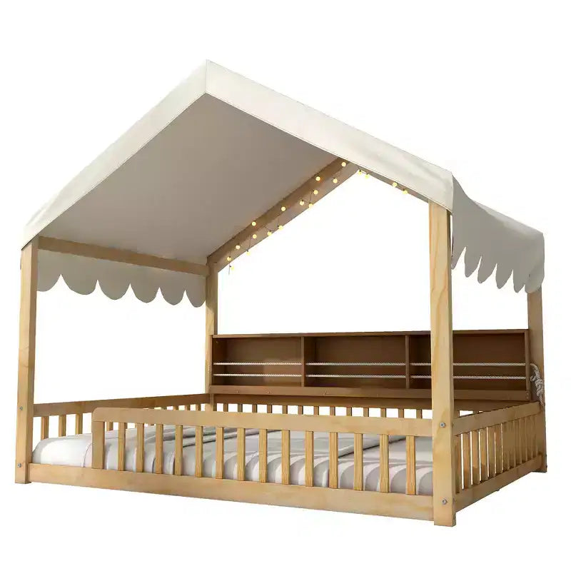 Full Size Wooden Floor Bed Frame, House-Shaped Daybed with Fense, 3 Storage Bookshelves, Curtain