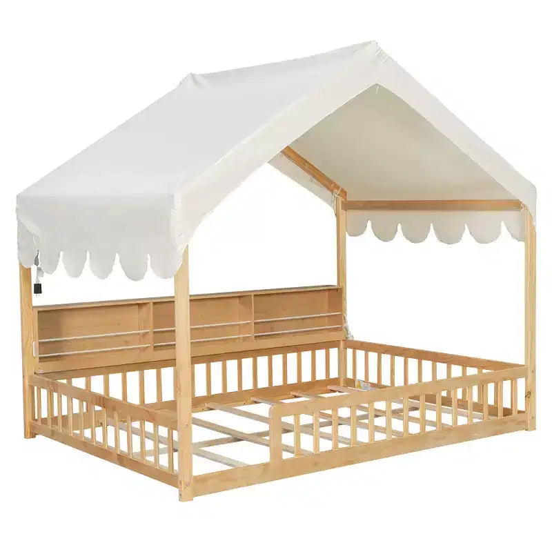 Full Size Wooden Floor Bed Frame, House-Shaped Daybed with Fense, 3 Storage Bookshelves, Curtain